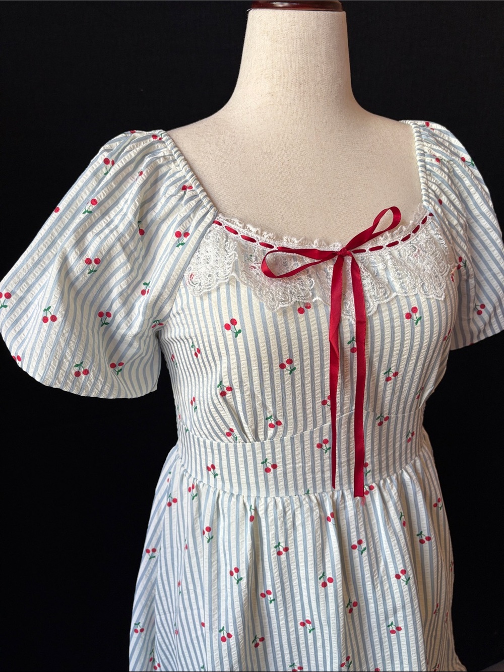 Vintage-Inspired White & Light Blue Striped with Cherries and Ribbon Tie - Picture 2 of 11
